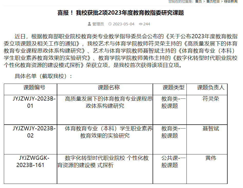 【艺术与体育学院】喜报 ！我校获批2项2023年度教育教指委研究课题
